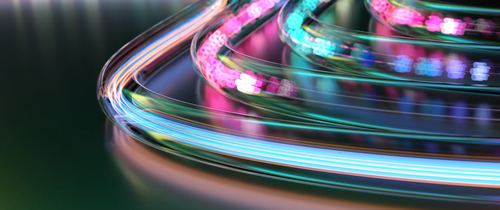Fiber optic cables glowing with data light, symbolizing connected properties